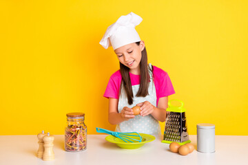 Sticker - Photo of girl prepare french omelette meal use grater spice macaroni wear apron cap isolated yellow color background