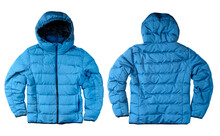 Blue Down Jacket Isolated On White. Ready For Clipping Path.