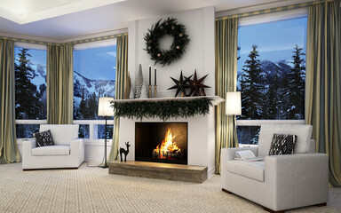 New year tree in scandinavian style interior with christmas decoration and fireplace	