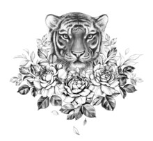 Monochrome Tiger With Rose Flowers
