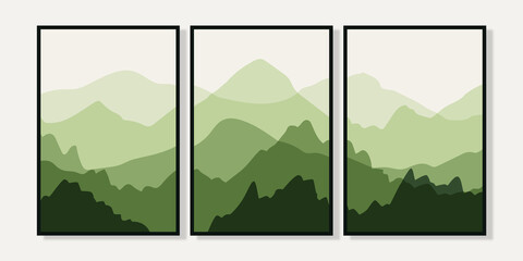 Set of abstract landscapes. Collection of wall arts with mountains in green palette. Vector illustration.