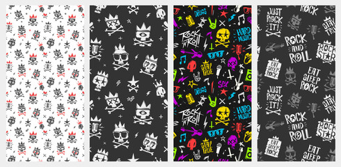 Rock'n'Roll Psychedelic style seamless pattern with colorful punk elements. Endless fashion hand drawn background in doodle style. Rock n Roll music pattern for Tee print design, print fabric texture