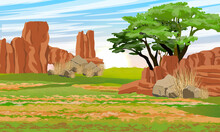 Australia. Big Red Rocks, Rocks, Trees And Desert Soil. Realistic Vector Landscape