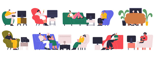 People watching tv, couple, family resting on couch at home. Characters at home watching movie or playing video games vector illustration set. Person spending time tv viewing