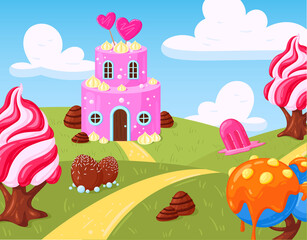 Cartoon fantasy sweet candy land landscape mobile game elements. Sweets fairy landscape, candy world game location vector illustration set. Sweet world game background