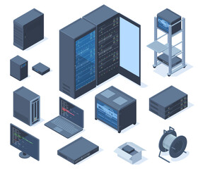 isometric data center, network technology and hosting servers equipment. network server room, cloud 