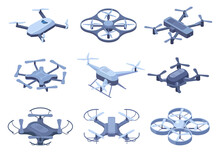 Isometric Drones, Flying Quadcopter With Remote Controllers. Remote Control, Unmanned Aerial Drones Vector Illustration Set. Electronic Quadcopters