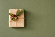 Christmas Present Wrapped In Ecological Recycled Paper - Zero-waste Concept