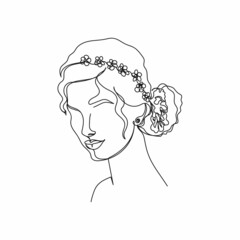 Wall Mural - Vector continuous one single line drawing icon of beautiful pretty woman girl with flowers hair in silhouette on a white background. Linear stylized.