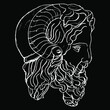Sculpture head of ancient Greek horned god Zeus Ammon. Hand drawn linear doodle rough sketch. White silhouette on black background.