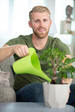 Young Man Watering Home Gardening On The Kitchen
