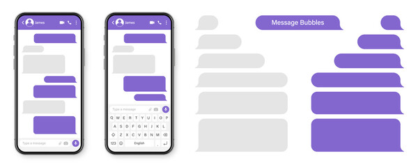 Realistic smartphone with messaging app. Blank SMS text frame. Conversation chat screen with violet message bubbles. Social media application. Vector illustration.