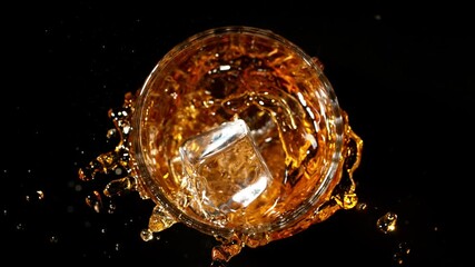Poster - Super slow motion of falling ice cube into whiskey, black background. Speed ramp effect. Filmed on high speed cinema camera, 1000fps