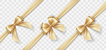 Set Of Satin Decorative Golden Bows With Horizontal Yellow Ribbon Isolated On White Background. Vector Gold Bow And Gold Ribbon