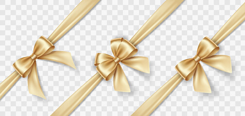 Wall Mural - Set of satin decorative golden bows with horizontal yellow ribbon isolated on white background. Vector gold bow and gold ribbon