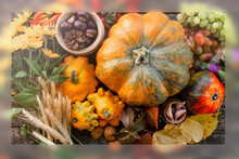 Happy Thanksgiving Day Card - Traditional Holiday Food With Pumpkins On Old Wooden	
