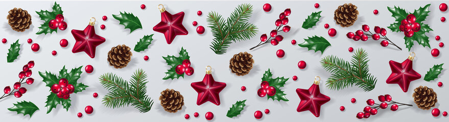 Wall Mural - Christmas decorative background with festive decoration elements. New Year concept. 