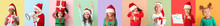 Cute Little Baby In Elf's Costume And With Deer Horns On Color Background