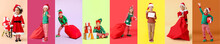 Little African-American Girl In Santa Costume, With Gifts And Sledges On Color Background