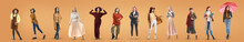 Group Of Stylish Women In Autumn Clothes On Color Background