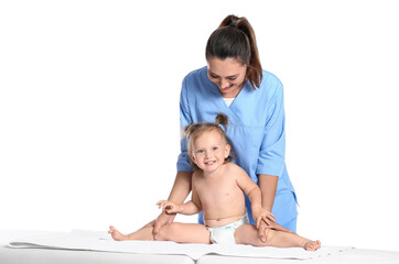 Sticker - Massage therapist with baby on white background