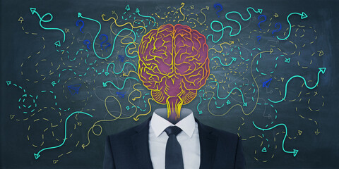 Aufkleber - Abstract businessman with brain head on chalkboard wall backdrop with arrows and thought icons sketch. Solution, direction, success and brainstorm concept.