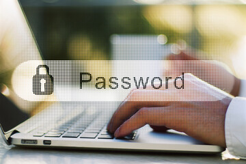 Aufkleber - Close up of male hands using laptop with creative password bar on desktop with coffee cup and blurry outdoor background. Protection and safety concept. Double exposure.