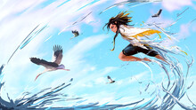 A Beautiful Girl In A White Dress With Gold Patterns In A Dynamic Pose Is Flying Over The Water.she Is A Sorceress And Conjures Water Magic For Flight.birds And Water Splashes Are Flying Nearby.2d Art