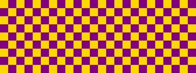 Wall Mural - Checkerboard banner. Purple and Gold colors of checkerboard. Small squares, small cells. Chessboard, checkerboard texture. Squares pattern. Background.