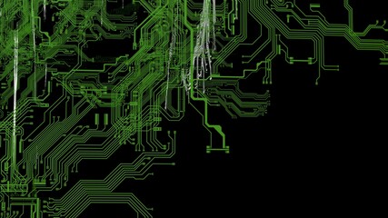 Circuit technology green line under black background with hi-tech digital data connection system and computer electronic desing. 3D illustration. 3D CG.