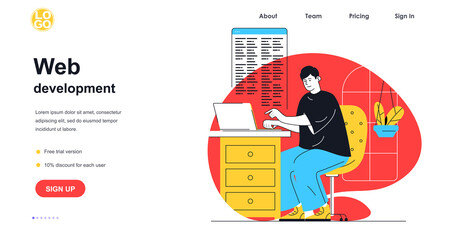 Poster - Web development web banner concept. Man works with code on laptop, tests and optimizes page, customizes and programming, landing page template. Vector illustration with people scene in flat design