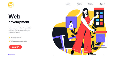 Aufkleber - Web development web banner concept. Woman designer works with graphic elements and chooses color palette of site interface, landing page template. Vector illustration with people scene in flat design
