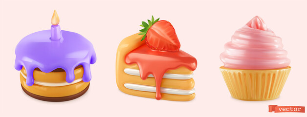 sweet food. cake, cupcake 3d render realistic vector icon set