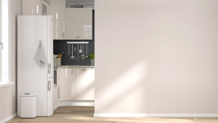 3d rendering mock up picture of a beautiful modern style build-in kitchen cabinet set with a refrige