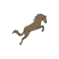 Poster - single continuous line drawing of jumping elegant horse company logo identity. strong mustang mammal