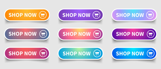Leinwandbilder - Shop now colourful button set . Shop now or buy now. Modern collection for web site. Vector illustration.