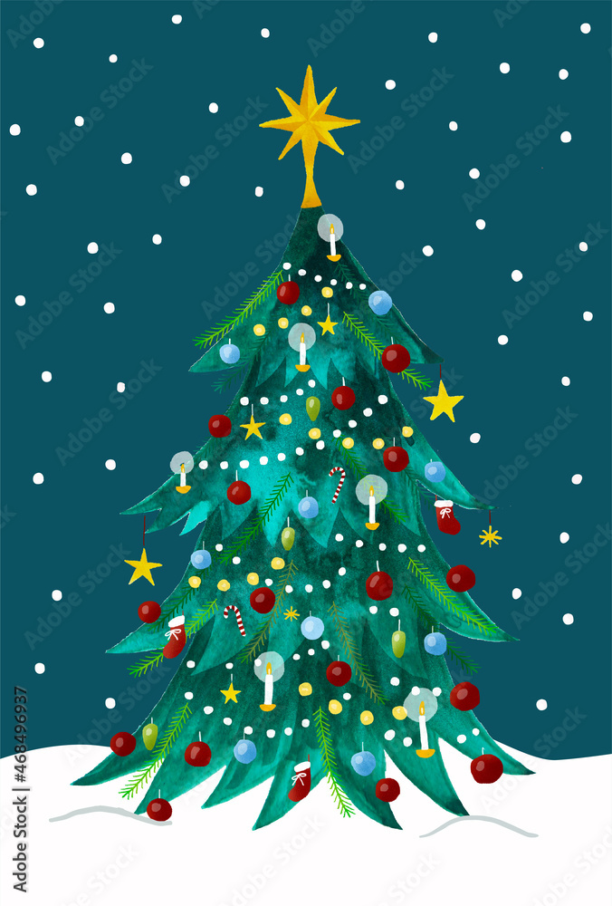 雪と水彩クリスマスツリーのイラスト Stock Illustration | Adobe Stock