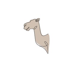 Poster - Single continuous line drawing of head desert Arabic camel for logo identity. Cute dromedary mammal animal concept for national zoo icon. Trendy one line draw design graphic vector illustration