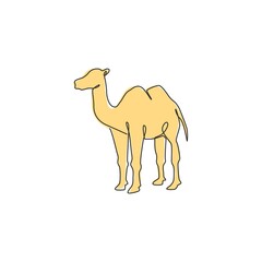 Poster - One continuous line drawing of Arabian desert camel for livestock business logo identity. Dromedary animal concept for middle east countries zoo icon. Single line draw design vector illustration