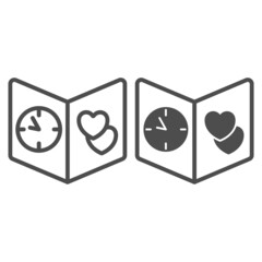 Poster - Opened book with clock and hearts, card, postal line and solid icon, dating concept, postcard vector sign on white background, outline style icon for mobile concept and web design. Vector graphics.