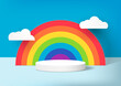Abstract cartoon scene. Stage podium decor with rainbows, clouds. 3d pedestal for product display on light blue background. Vector illustration.