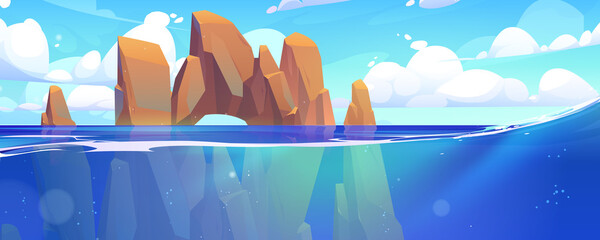 Wall Mural - Sea landscape with mountains in water. Vector cartoon illustration of deep lake background with stones and rocks underwater. Seascape or tropical ocean background with rocky arch