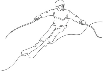 Wall Mural - Alpine skier rides along a snowy slope. The athlete goes downhill skiing. Winter sports. Alpine skier.One continuous line .One continuous drawing line logo isolated minimal illustration.