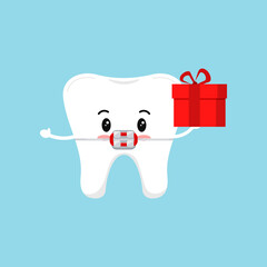 Sticker - Chistmas tooth in braces with gift icon isolated on background. Dental holiday character - white funny tooth with present. Flat design cartoon style vector stomatology clip art illustration.