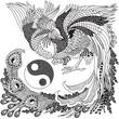Chinese phoenix or Feng Huang Fenghuang mythological bird and Yin Yang symbol. One of celestial feng shui animals. Graphic style vector illustration. Black and white