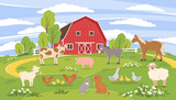 Fototapeta Pokój dzieciecy - Farm animals with landscape - horse, cow, donkey, pig, sheep, goat, rooster, chicken, duck,  dog, cat. Vector illustration  different сute cartoon animals 