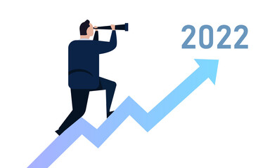 leader of business looking in binoculars predicting 2022 future with chart going up increase optimism