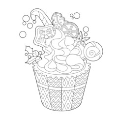 Wall Mural - Cute Christmas cake. Winter holiday muffin. Black and white elements. Traditional festive decor for season design. Hand drawn illustration in zentangle style for children and adults, tattoo.