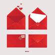 Vector collection of flat style Valentine envelopes with post stamps and heart stickers. Cute love letter template. 