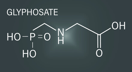 Glyphosate herbicide molecule. Crops resistant to glyphosate (genetically modified organisms, GMO) have been produced by genetic engineering. Skeletal formula.	
